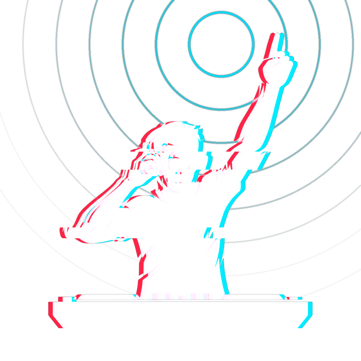A DJ throwing a hand up for the bass drop, rendered with an RGB-split glitch